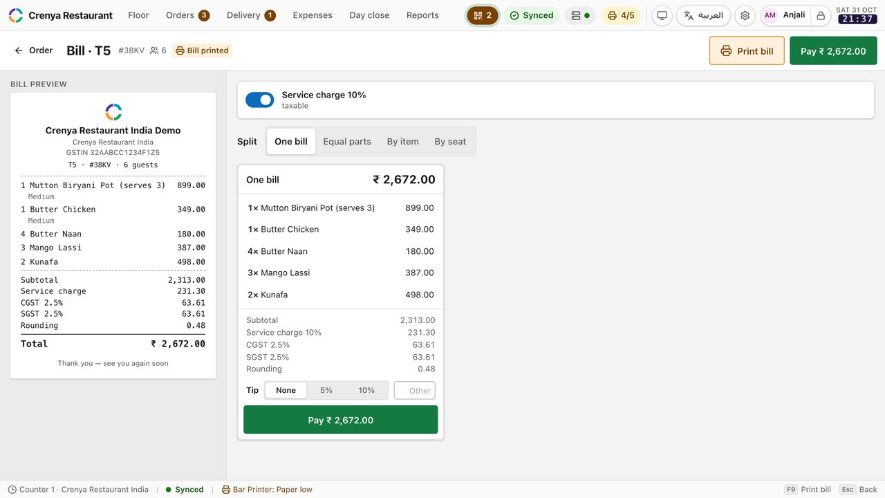 The bill for table T5: the printed bill preview with GSTIN, a 10% service charge, CGST and SGST, split options (one bill, equal parts, by item, by seat) and a tip choice before paying ₹2,672